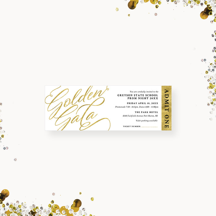 Golden Gala Prom Night Ticket Invitation with Elegant Script Font Design, Gold-Themed Ticket Invitation Card