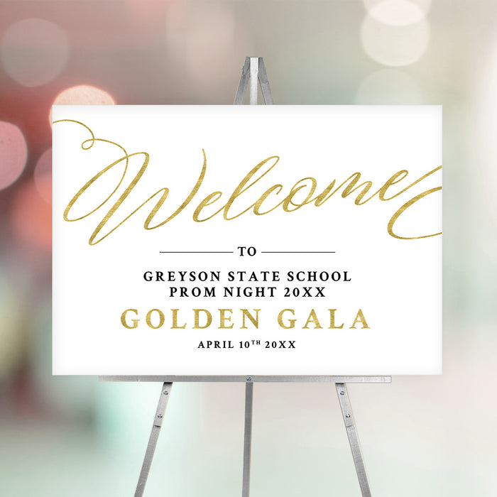Personalized prom night welcome sign with elegant gold lettering, ideal for formal events or milestone celebrations.