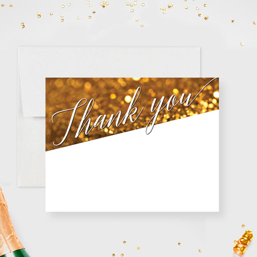 Elegant golden thank you card with glitter design perfect for formal events, retirement parties, business thank-you notes