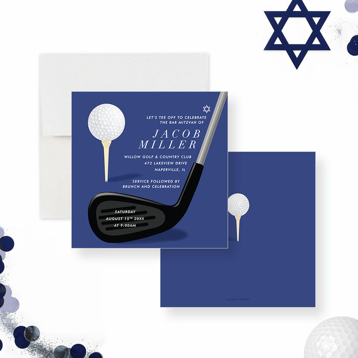 Golf Bar Mitzvah invitation featuring golf club, tee, and Star of David design-front-back