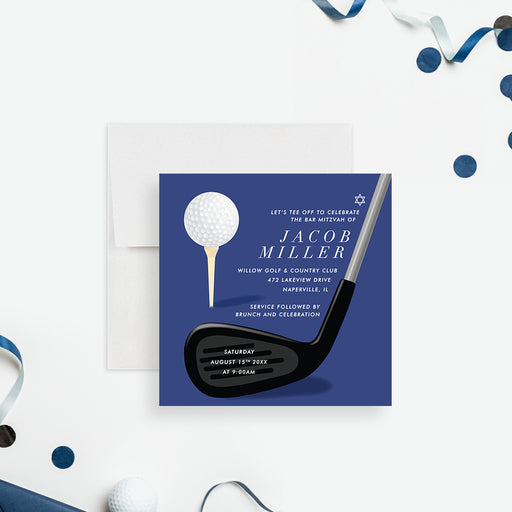 Golf Bar Mitzvah invitation featuring golf club, tee, and Star of David design-front