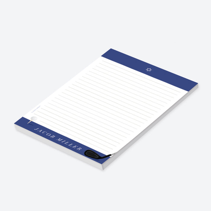 Bar Mitzvah notepad with Star of David, golf ball on tee, and golf club design, ideal stationery gift for Jewish golf-themed celebrations-side