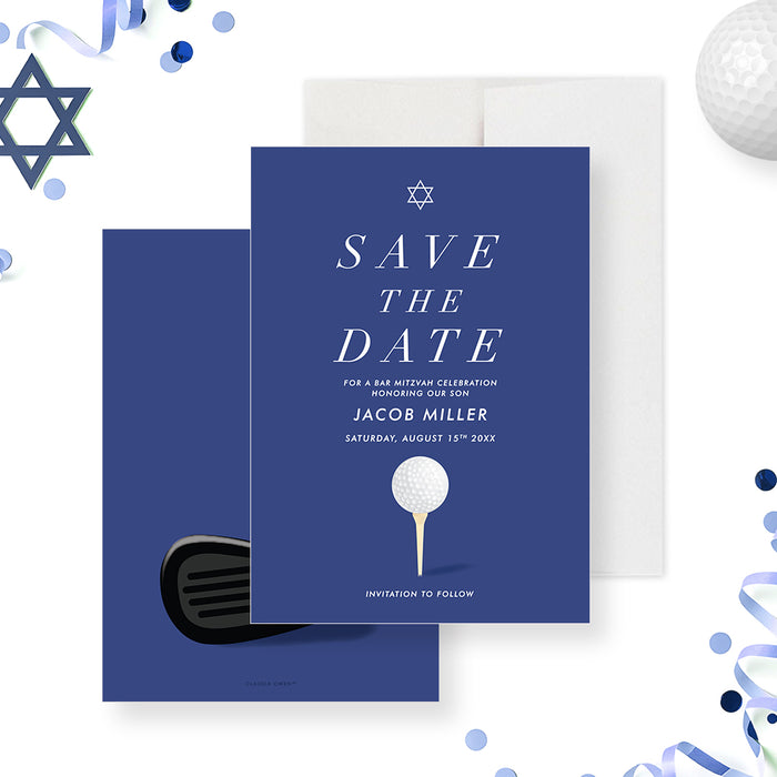 Golf Bar Mitzvah save the date card featuring golf ball and tee design-front-back
