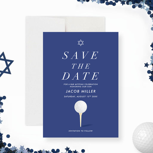 Golf Bar Mitzvah save the date card featuring golf ball and tee design-front