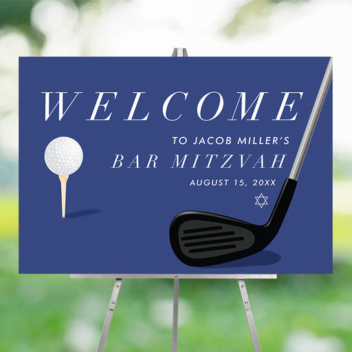 Bar Mitzvah welcome sign featuring a golf ball, club, and Star of David on a blue background, perfect for Jewish sports-themed or golf celebration décor.