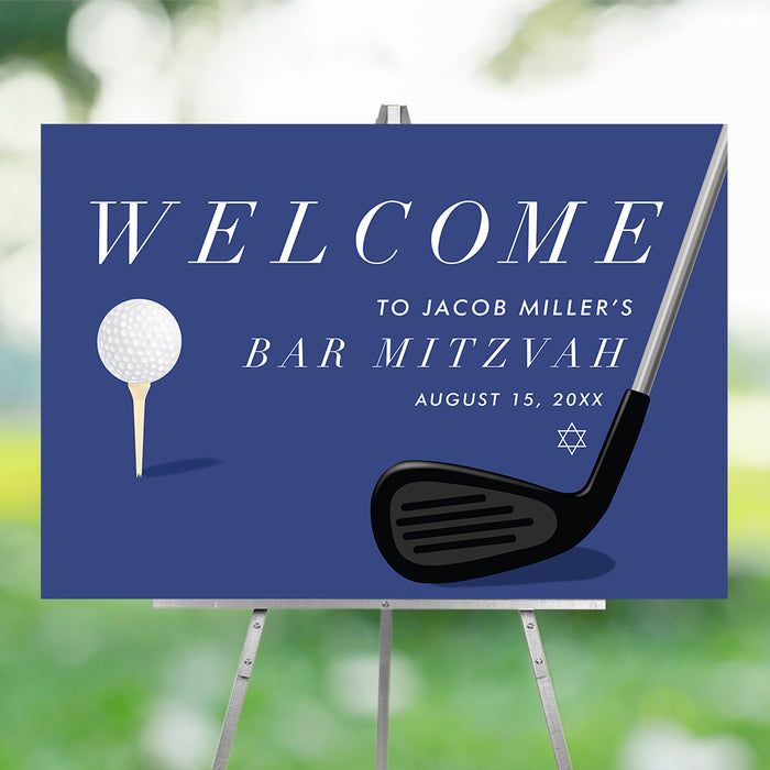 Bar Mitzvah welcome sign featuring a golf ball, club, and Star of David on a blue background, perfect for Jewish sports-themed or golf celebration décor.