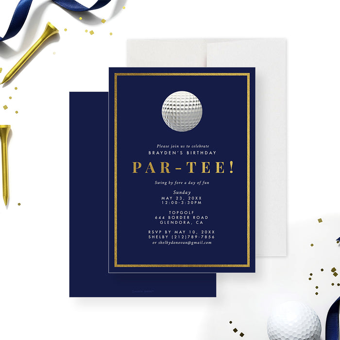 golf birthday party invitation with navy blue background, gold border, Par-Tee headline, and realistic golf ball illustration-front-back