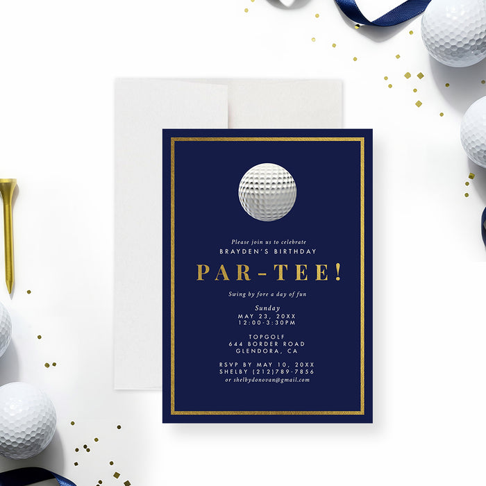 golf birthday party invitation with navy blue background, gold border, Par-Tee headline, and realistic golf ball illustration-front