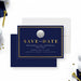 golf save the date card with a navy blue background, gold border, realistic golf ball, and custom birthday Par-Tee event details-front-back