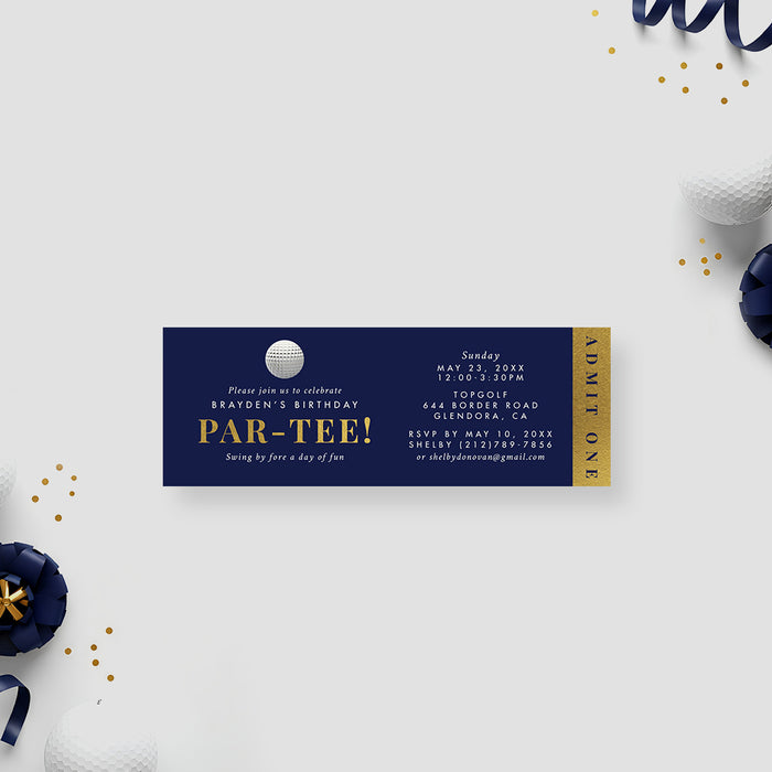 Personalized golf birthday party ticket invitation with navy design, golf ball artwork, and Par Tee wording
