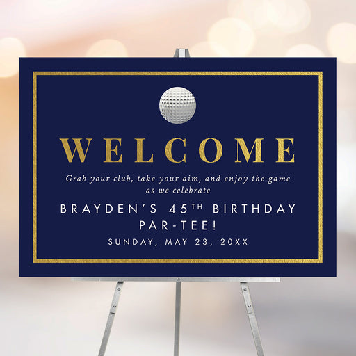 Personalized golf birthday party welcome sign with navy background, golf ball artwork, and Par Tee wording