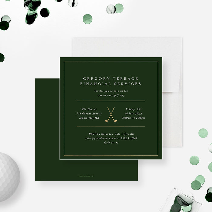 Elegant green and gold golf-themed invitation card featuring crossed golf clubs, personalized for corporate annual golf day celebrations.-front-back