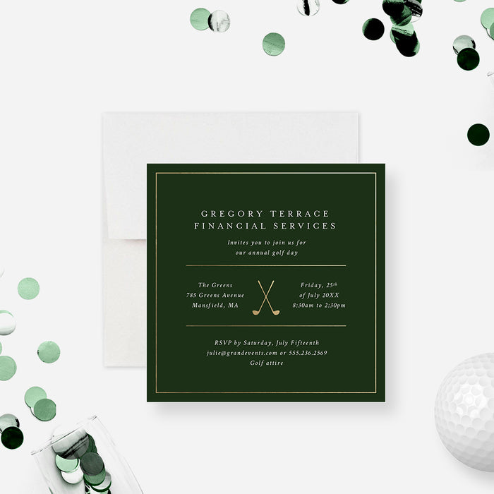 Elegant green and gold golf-themed invitation card featuring crossed golf clubs, personalized for corporate annual golf day celebrations.-front