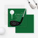 Green golf party invitation featuring a golf ball on a tee with club design, customizable with event details, perfect for golf enthusiasts.-front-back