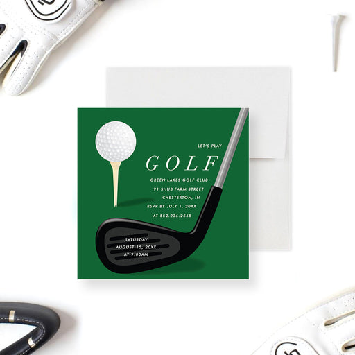 Green golf party invitation featuring a golf ball on a tee with club design, customizable with event details, perfect for golf enthusiasts.-front