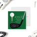 Green golf party invitation featuring a golf ball on a tee with club design, customizable with event details, perfect for golf enthusiasts.-front