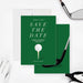 Green golf save the date card featuring a golf ball and tee design, customizable event details.-front-back