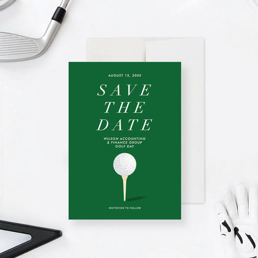 Green golf save the date card featuring a golf ball and tee design, customizable event details.-front
