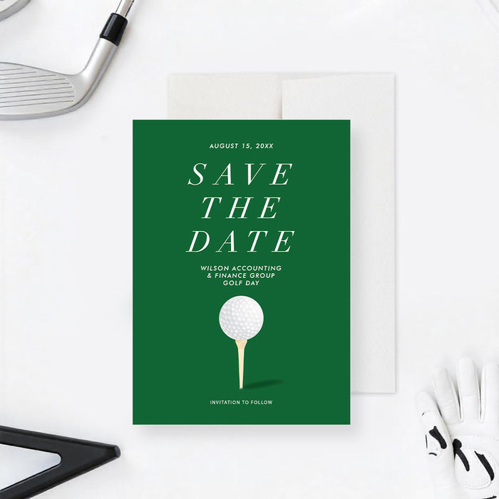 Green golf save the date card featuring a golf ball and tee design, customizable event details.-front