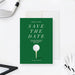 Green golf save the date card featuring a golf ball and tee design, customizable event details.-front