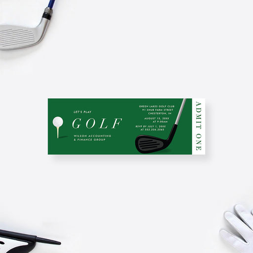 Custom green golf event ticket invitation featuring a golf ball and club design, with personalized event details.