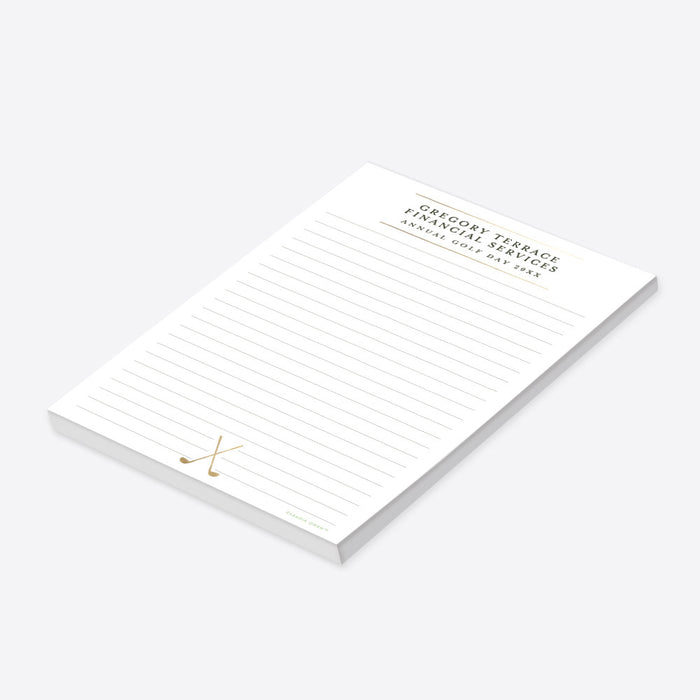 Corporate golf-themed notepad featuring a customizable header and crossed golf clubs.-side