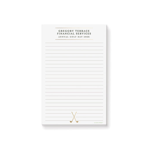 Corporate golf-themed notepad featuring a customizable header and crossed golf clubs.