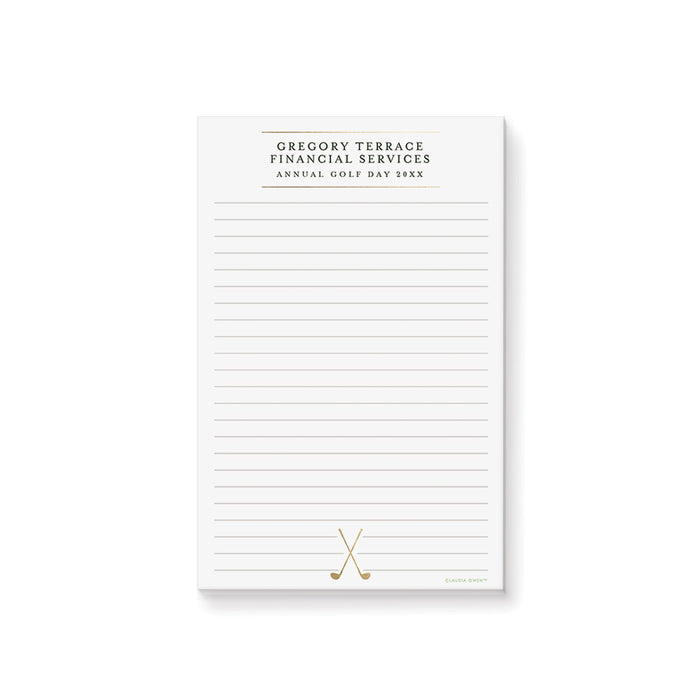Corporate golf-themed notepad featuring a customizable header and crossed golf clubs.