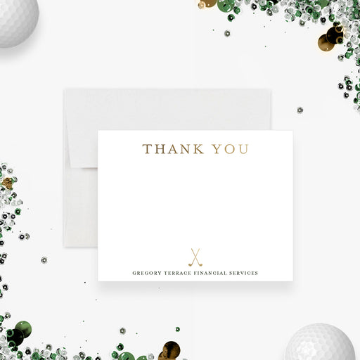 Golf-themed corporate thank you card with crossed golf clubs, printed note card for expressing appreciation to valued guests and clients.-front