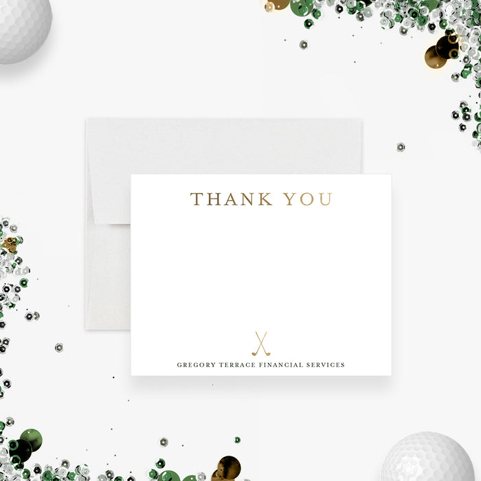 Golf-themed corporate thank you card with crossed golf clubs, printed note card for expressing appreciation to valued guests and clients.-front