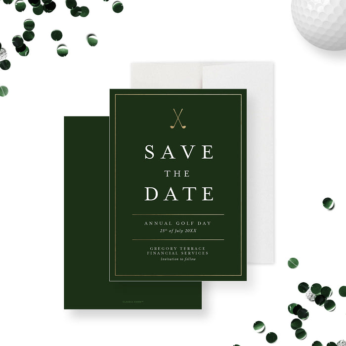 Elegant green and gold golf-themed save the date card with crossed golf clubs and customizable event details.-front-back