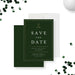 Elegant green and gold golf-themed save the date card with crossed golf clubs and customizable event details.-front-back