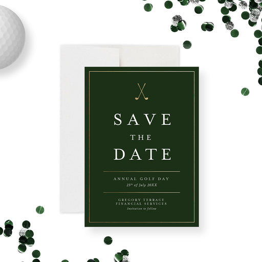 Elegant green and gold golf-themed save the date card with crossed golf clubs and customizable event details.-front