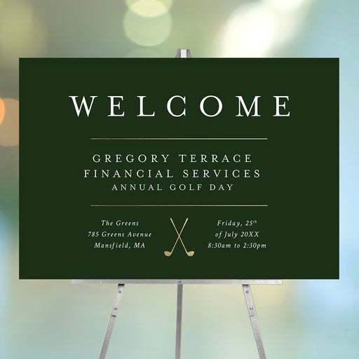 Green and gold golf-themed corporate welcome sign featuring golf clubs, serving as an event entrance sign for professional gatherings.