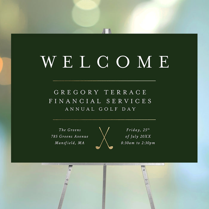 Green and gold golf-themed corporate welcome sign featuring golf clubs, serving as an event entrance sign for professional gatherings.