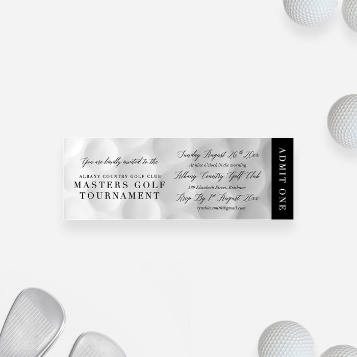 Golf Tournament Ticket Invitation, Golf Fundraiser Ticket Invites, Golf Themed Birthday Ticket Card