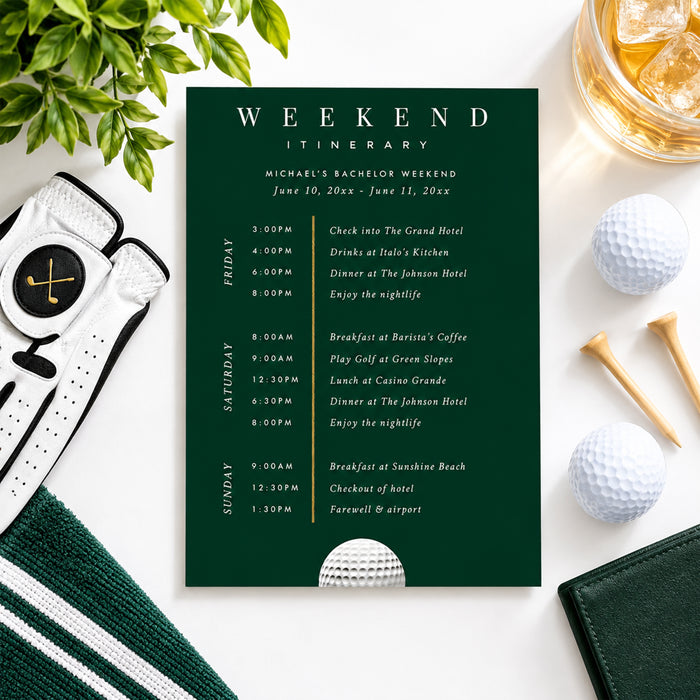 Golf weekend itinerary printed card in deep green with gold accents showing a friday to sunday schedule