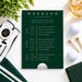 Golf weekend itinerary printed card in deep green with gold accents showing a friday to sunday schedule