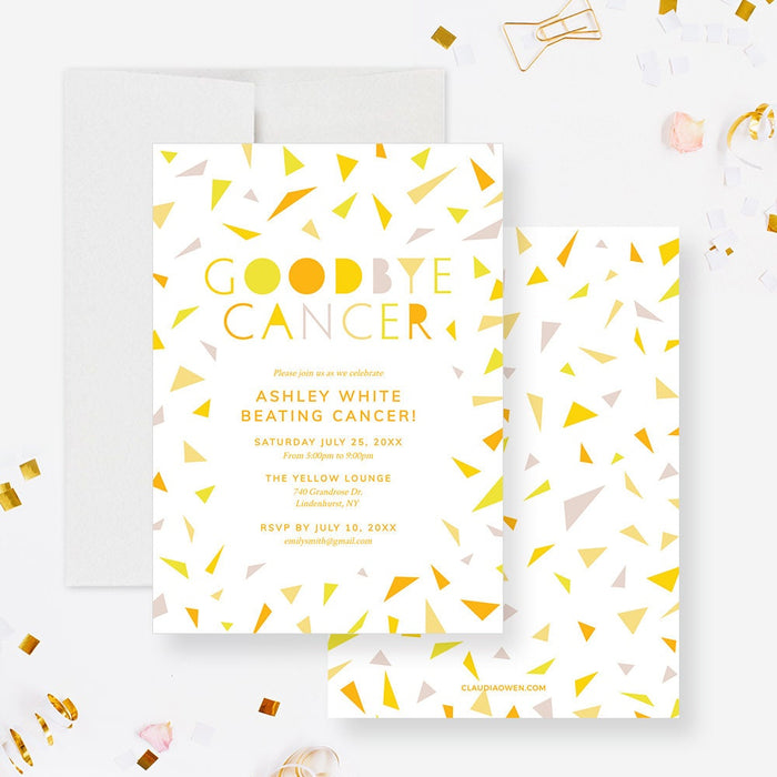 Colorful goodbye cancer digital invitation template with yellow confetti and personalized celebration details-front-back