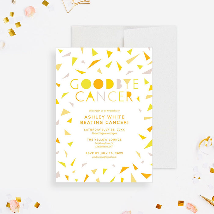 Colorful goodbye cancer digital invitation template with yellow confetti and personalized celebration details-front