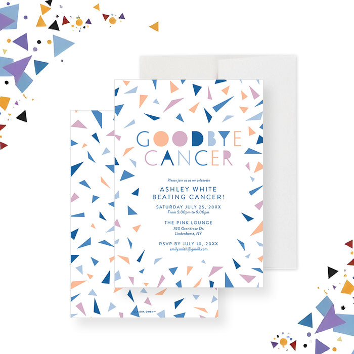 Colorful farewell cancer celebration invitation with modern confetti design, personalized for survivor parties.-front-back