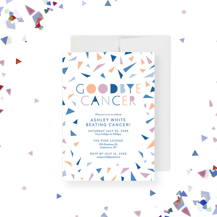 Colorful farewell cancer celebration invitation with modern confetti design, personalized for survivor parties.-front