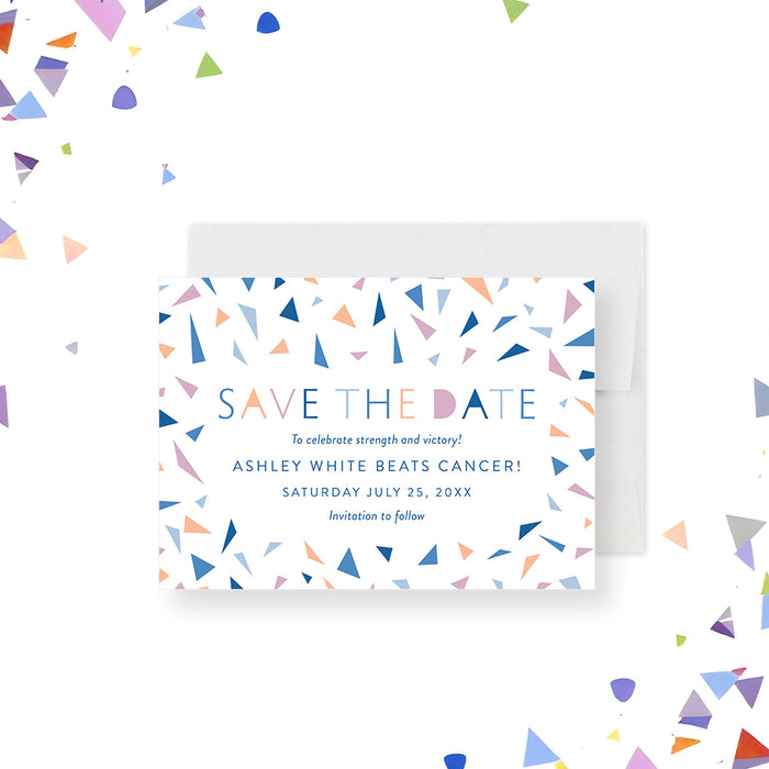 Goodbye cancer save the date card with a colorful modern confetti design and customizable celebration.-front