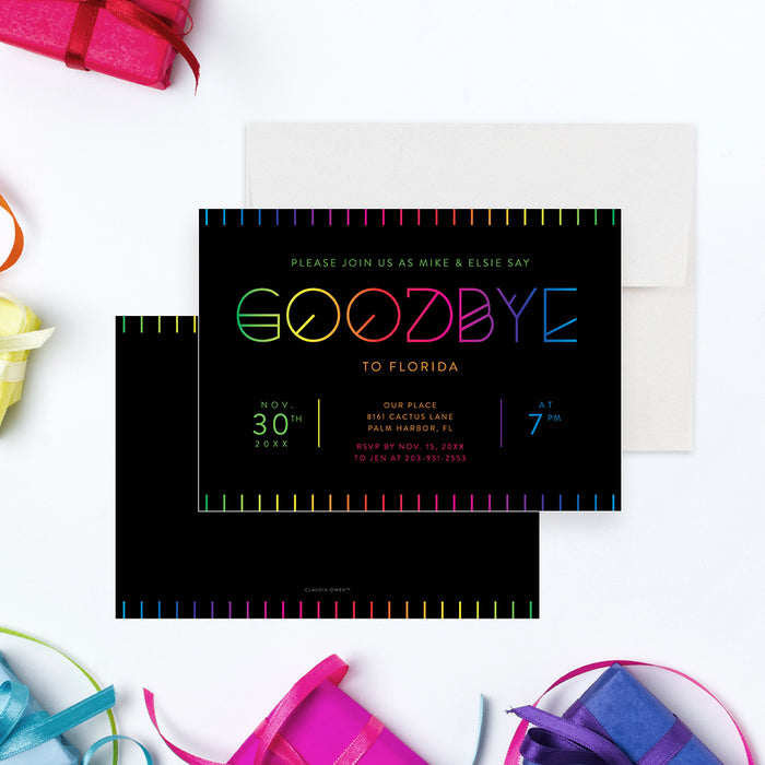 Colorful farewell party invitation with bright neon lettering on a black background for a fun celebration of saying goodbye or moving away-front-back