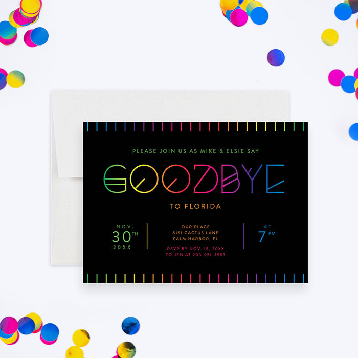 Colorful farewell party invitation with bright neon lettering on a black background for a fun celebration of saying goodbye or moving away-front