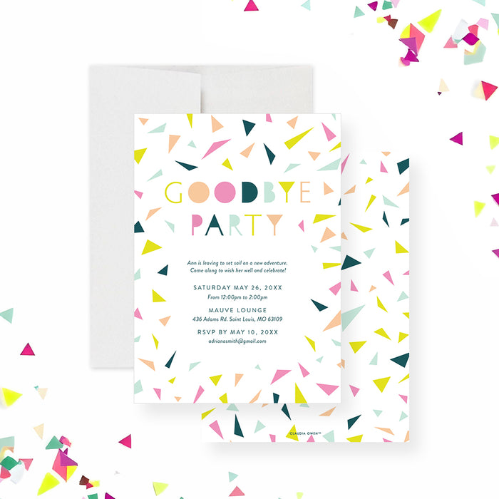 Colorful confetti farewell party invitation card with modern multicolored lettering, designed as a stylish and cheerful way to celebrate a goodbye.-front-back