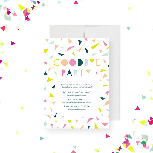 Colorful confetti farewell party invitation card with modern multicolored lettering, designed as a stylish and cheerful way to celebrate a goodbye.-front
