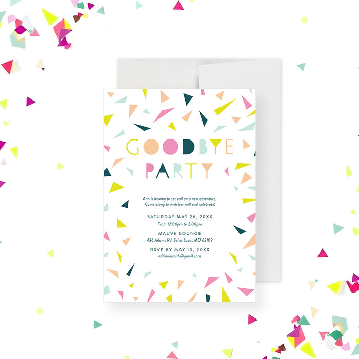 Colorful confetti farewell party invitation card with modern multicolored lettering, designed as a stylish and cheerful way to celebrate a goodbye.-front