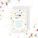 Colorful confetti farewell party invitation card with modern multicolored lettering, designed as a stylish and cheerful way to celebrate a goodbye.-front