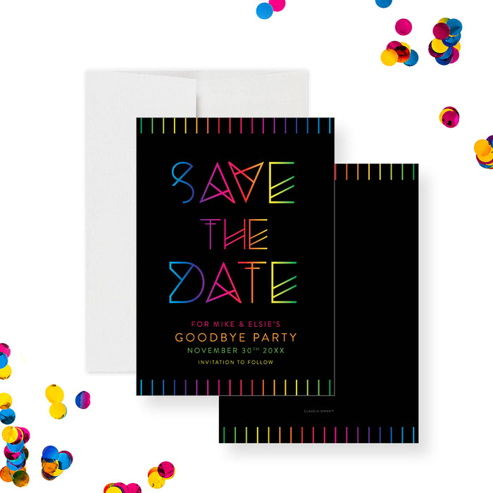 Colorful goodbye party save the date card moving away farewell announcement with rainbow lettering-front-back